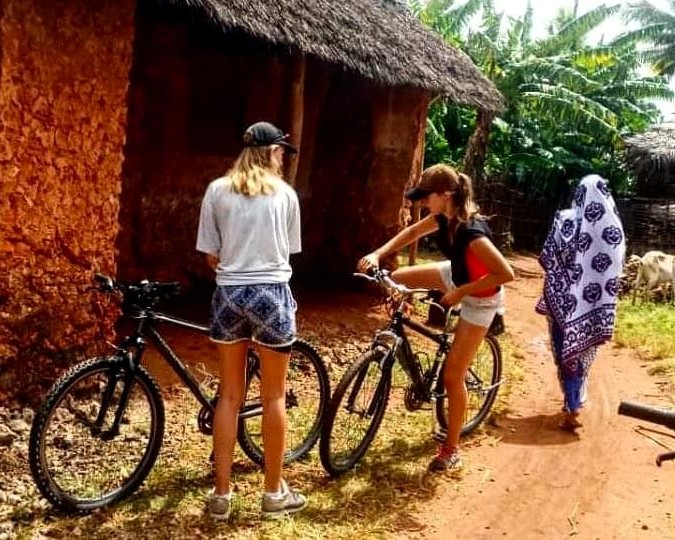 Traditional Zanzibar village with thatched roof houses and local community members